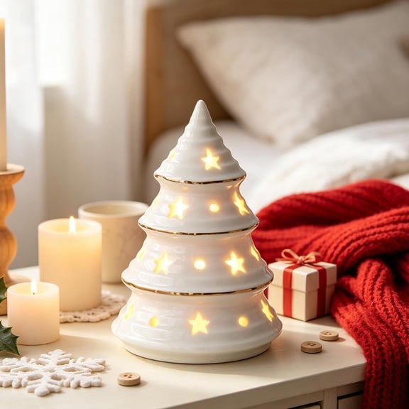 Tovaris Ceramic Christmas Tree Desktop Decor, White Glowing Holiday Table Ornament, Compact Festive Home Accent, For Shelf Desk Mantel and Christmas Present
