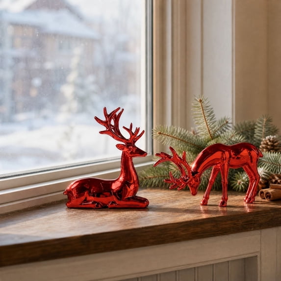 Tovaris Christmas Reindeer Figurine Set, Christmas Decoration Electroplated Deer Statue with Standing and Lying Poses, Tabletop Ornament, For Home Table Gift