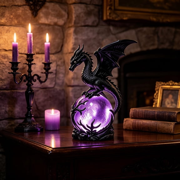 Tovaris Gothic Dragon Crystal Night Light, Decoration LED Purple Glow Resin Figurine with Crystal Ball, Table Lamp, For Home Office Desk Gift
