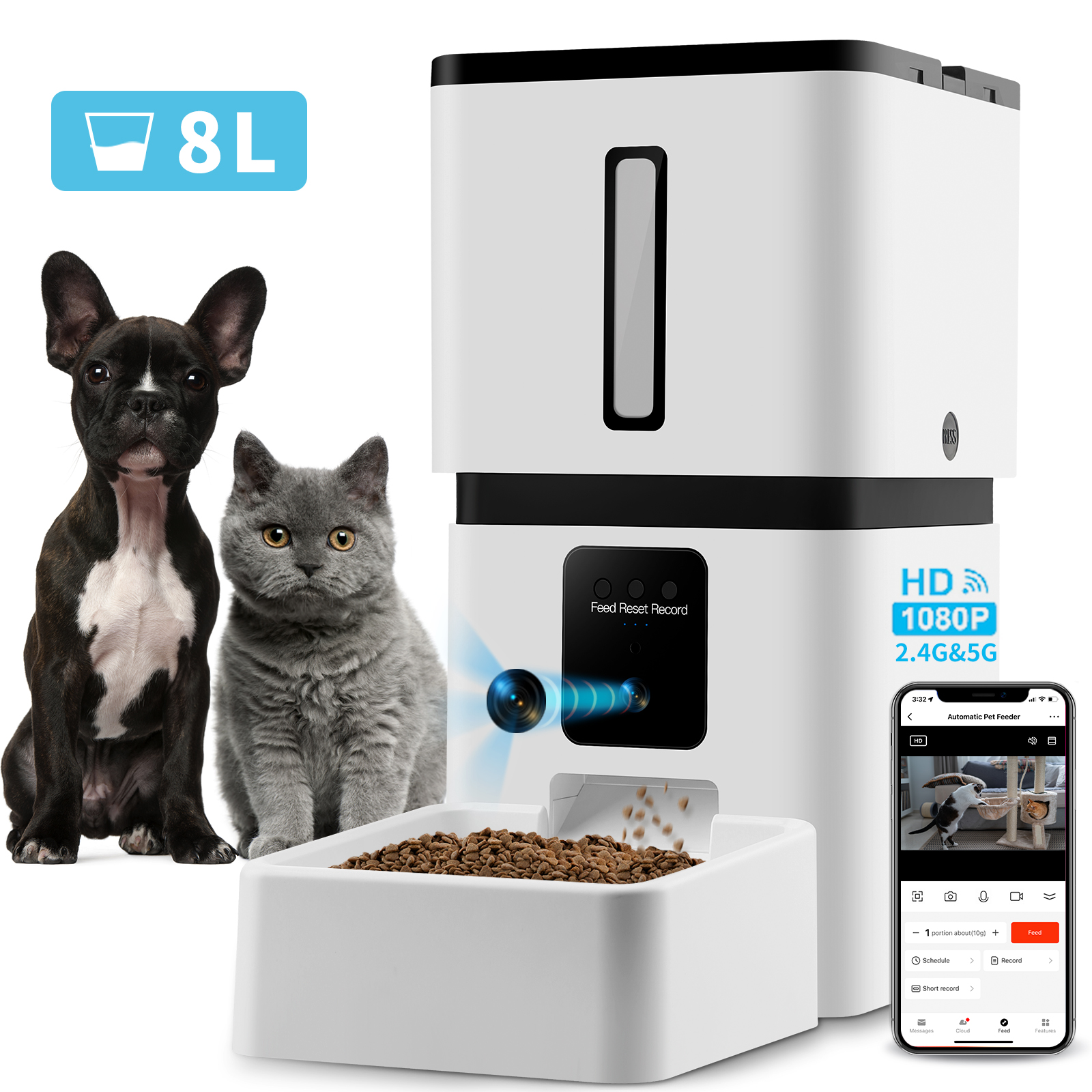 Tovendor Automatic Pet Feeder, 1080P Camera, 8L Dispenser, 5G WiFi, 2 ...