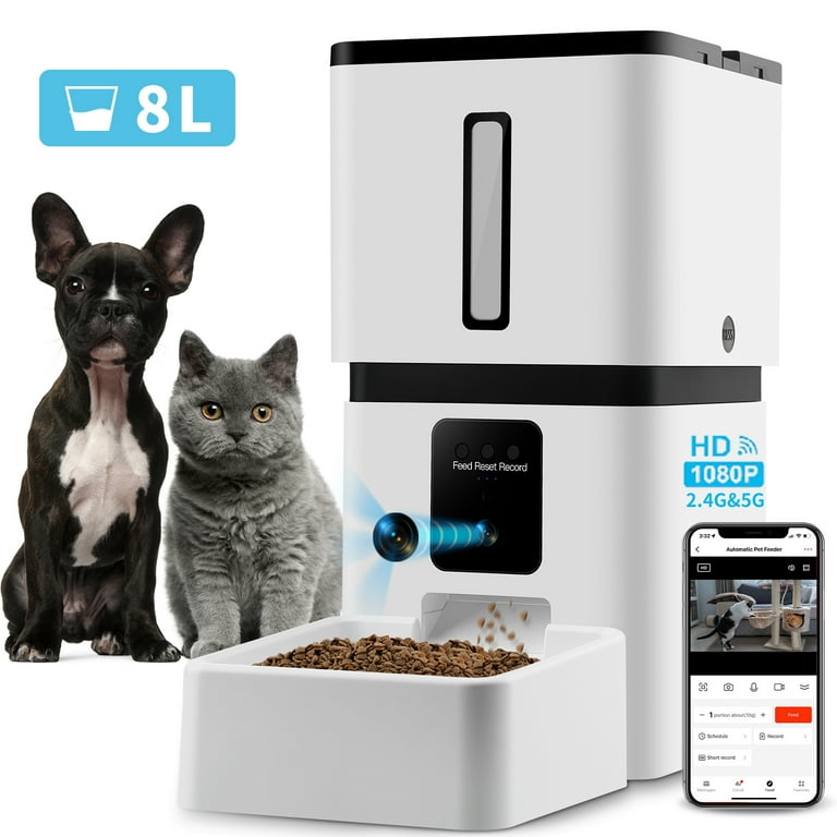 Tovendor Automatic Pet Feeder with 1080P Camera, 8L Large Food Dispenser  for pet and dog, 5G WiFi Connect 2-Way Audio APP Control Pet Timer Feeder