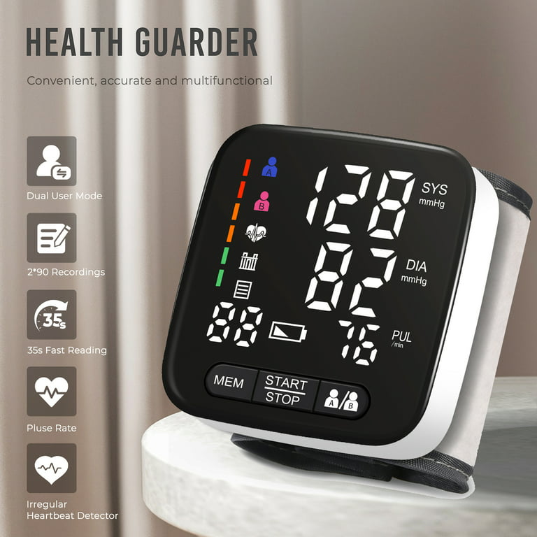 Tovendor Blood Pressure Monitor Wrist BP Machine with Adjustable Cuff,  Heart Rate Detection, Large LED Display, 90*2 Reading Memory Professional  Health Monitor for Home Travel Use 
