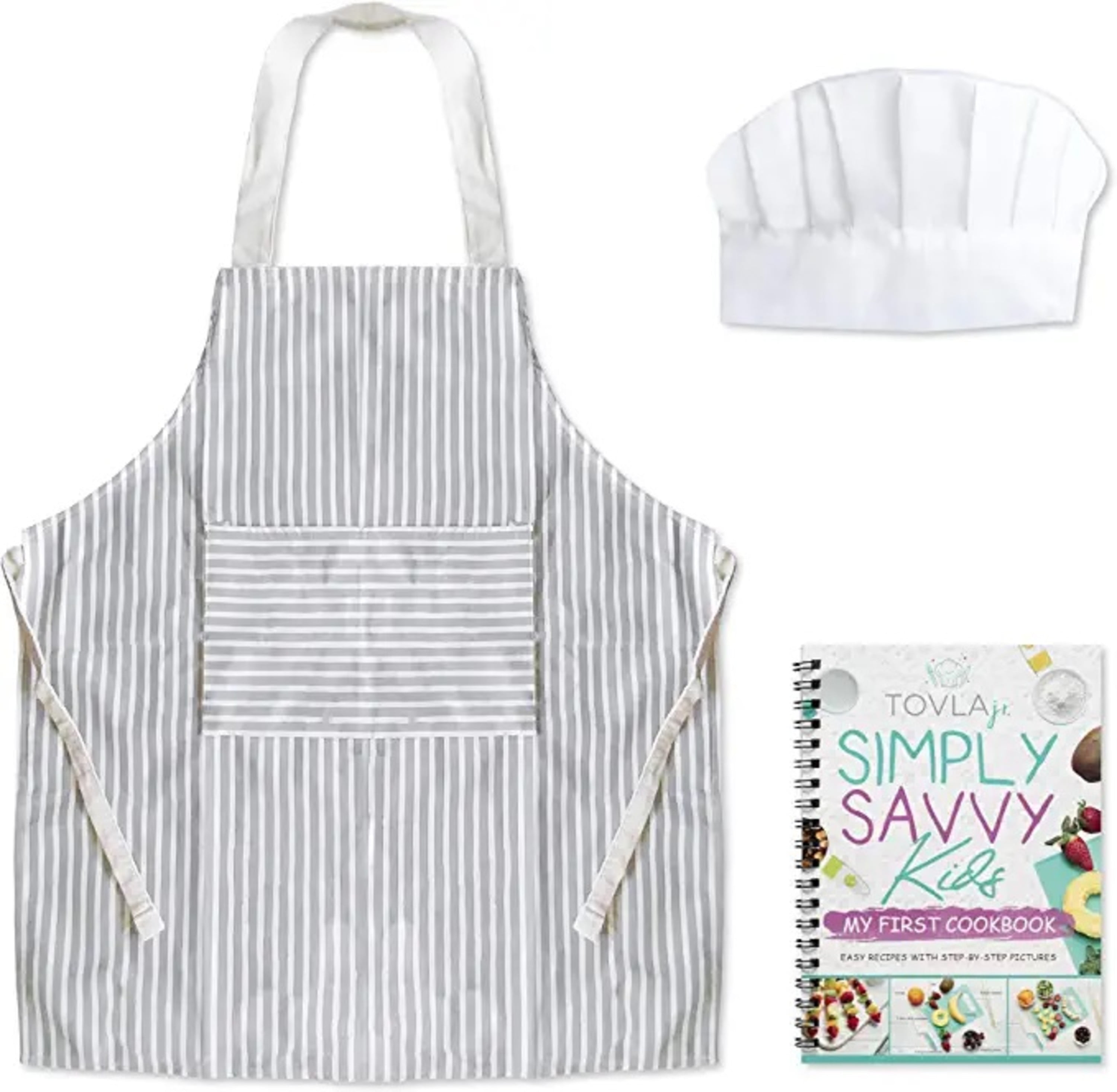 Tovla Jr. Kids Cookbook, Cooking Apron and Hat Set with Pocket for Boys