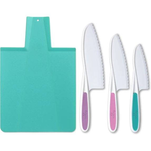 Tovla Jr. Kids Kitchen Knife and Foldable Cutting Board Set: Children's Cooking Knives in 3 Sizes & Colors - Firm Grip, Serrated Edges, BPA-Free Kids' Knives/Safe Lettuce and Salad Knives - Blue
