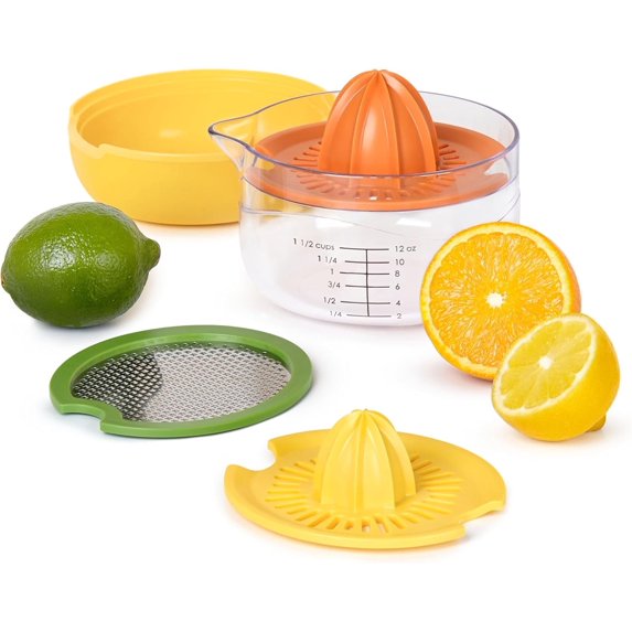 Tovolo All-in-1 Citrus Juicer and Zester Set, White & Yellow – Manual Juicer with Measuring Cup, Dual Reamers, BPA-Free, Dishwasher Safe, Compact Storage