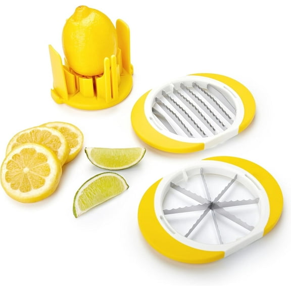 Tovolo Citrus Slicer & Wedger Tool - Premium Dual Blade Lemon, Lime, and Orange Cutter Creates 8 Uniform Wedges and 6 Slices, Perfect Bar Tool, Anti-Slip Base, Stackable, BPA-Free, Dishwasher Safe