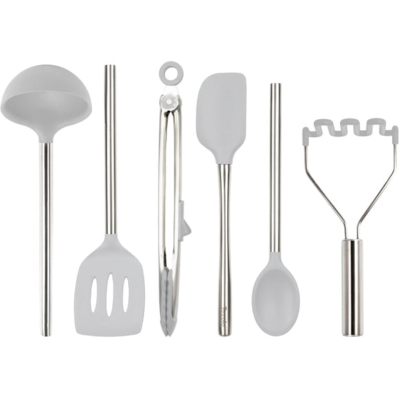 Tovolo Silicone Cooking Utensil Set of 6 Steel Handle, Oyster Gray