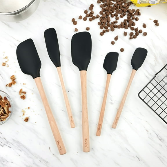 Tovolo Silicone Spatula with Wooden Handle Set of 5 Piece Silicone Kitchen Utensil Set Spoonula Jar Scraper Mini Spatula and Spoonula for Cooking Baking Mixing Folding Black Cookware Set