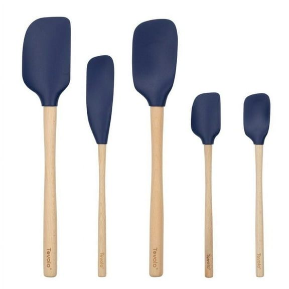 Tovolo Silicone Spatula with Wooden Handle Set of 5 Piece Silicone Kitchen Utensil Set Spoonula Jar Scraper Mini Spatula and Spoonula for Cooking Baking Mixing Folding Deep Indigo