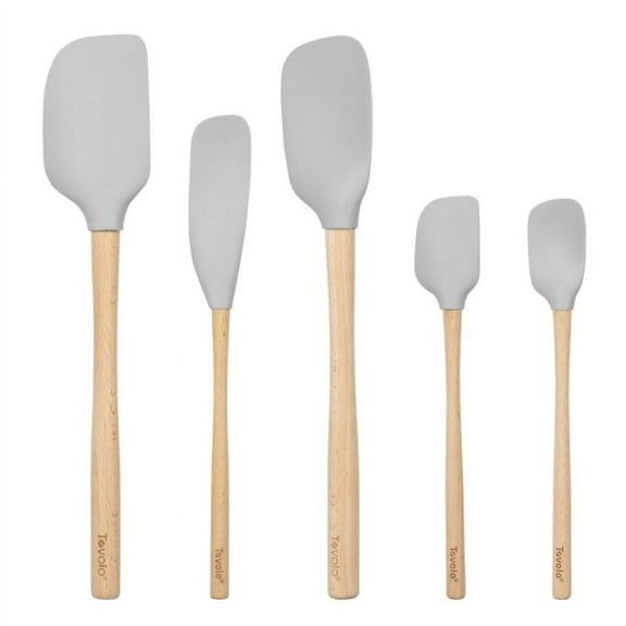 Tovolo Silicone Spatula with Wooden Handle Set of 5 Piece Silicone Kitchen Utensil Set Spoonula Jar Scraper Mini Spatula and Spoonula for Cooking Baking Mixing Folding Oyster Gray