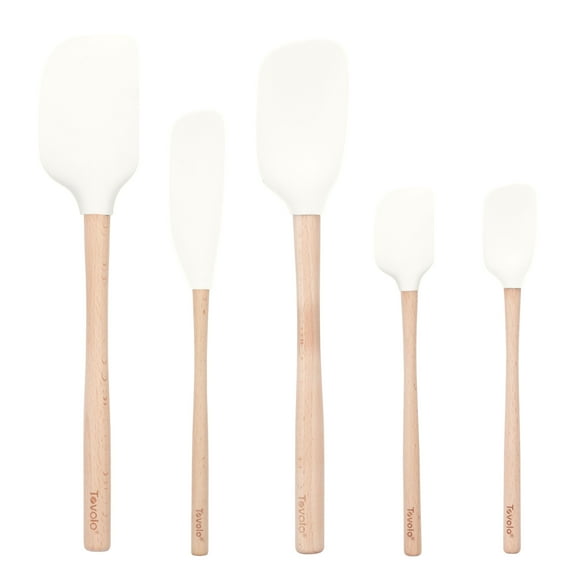 Tovolo Silicone Spatula with Wooden Handle Set of 5 Piece Silicone Kitchen Utensil Set Spoonula Jar Scraper Mini Spatula and Spoonula for Cooking Baking Mixing Folding White Cookware Set