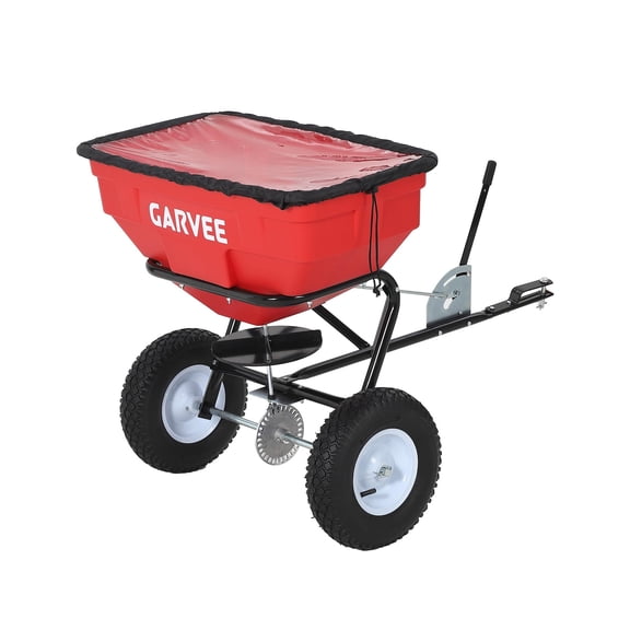 Tow Behind Broadcast Spreader, 125 LBS Large Capacity Universal Hook Tow & Push Lawn Spreader, 9.8 ft Spreading Width 30 Adjustable Settings, Compatible with UTV ATV Riding Mower & Most Tractors,Red