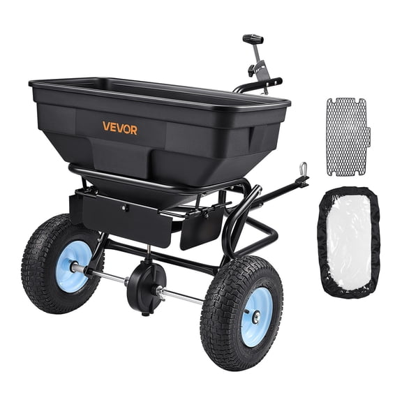 VEVOR Tow Behind Broadcast Spreader, 130LBS Capacity, Tow/Push Garden Spreader with 13 in Tires, 30 Adjustable Setting & 9.8 ft Spreading Width, Lawn Spreaders for Seed, Fertilizer, Salt, Ice Melt