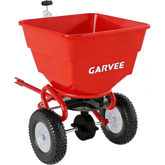 Tow-Behind Spreader, 130LBS Capacity Pull Lawn & Garden Broadcast Spreader with 10" Pneumatic Tires and Adjustable Flow Control for Fertilizer, Seed, Salt and Ice Melt(Red)