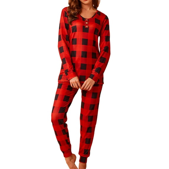 Tow Piece Outfits for Women Soft Comfy Long Sleeve Crewneck Shirts with Plaid Pants Sleepwear 2 Piece Pjs Suits Casual Holiday Party Loungwear Pajamas Sets