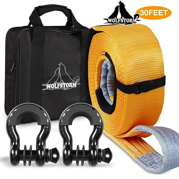 Tow Strap Recovery Kit: 4"x 30FT Tow Strap + 3/4" D-Ring Shackles (2pcs) + Bag