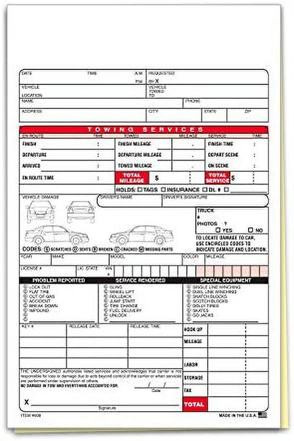 Tow Truck Register Small 5 1/2" X 8 1/2" Forms Road Service Work Orders 2Part Duplicate