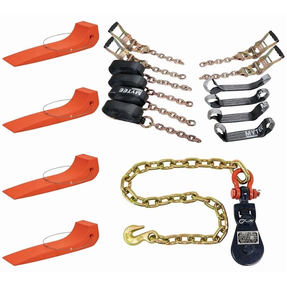 Tow Truck Tie Down Kit - Black 8 Point Rollback Tie Down System with 14 Ft Straps & Chain Extensions, 4 Pack Tire Skates & 2 Ton Snatch Block, Heavy Duty Car Hauler & Wrecker Kit