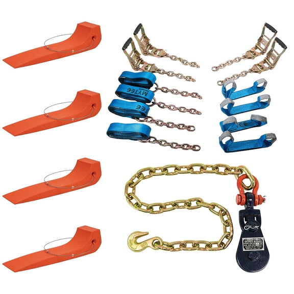 Tow Truck Tie Down Kit - Blue 8 Point Rollback Tie Down System with 14 Ft Straps & Chain Extensions, 4 Pack Tire Skates & 2 Ton Snatch Block, Heavy Duty Car Hauler & Wrecker Kit