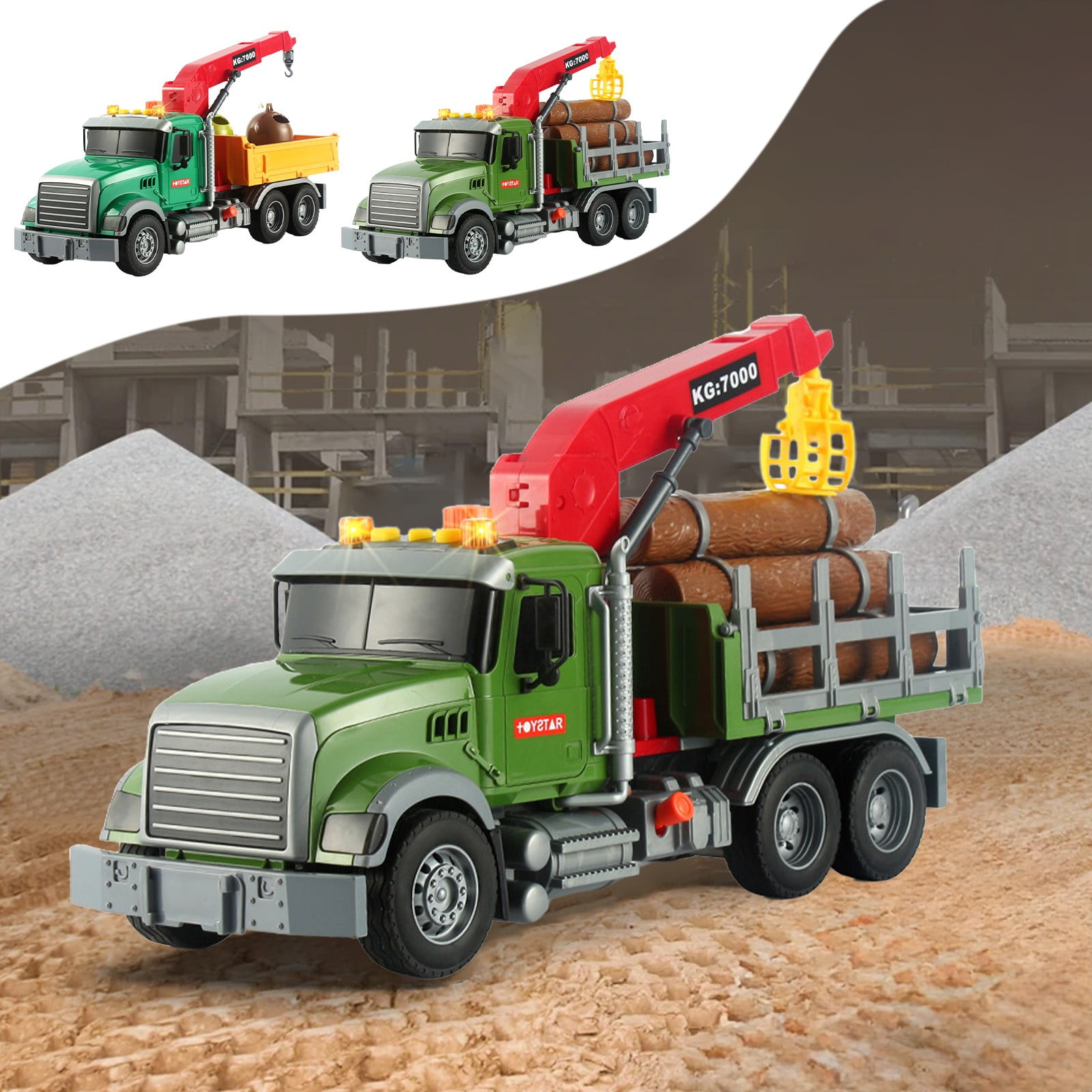 Tow Truck Toy for Ages 3+, 15" Farm Logging Truck Toy with Loading Cranes, Friction Powered Truck Vehicle Toy with Light and Sound, for Early Education Birthday Gift