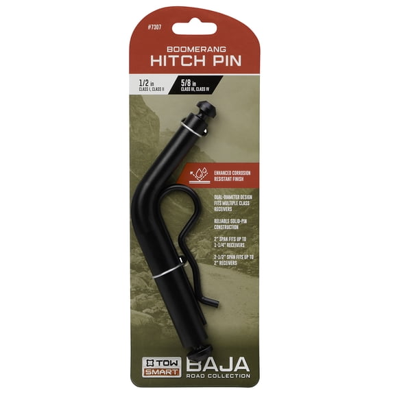 TowSmart Boomerang Bent Hitch Pin, 1/2in and 5/8in Pin, Black Steel, 7307, Includes Pin Clip