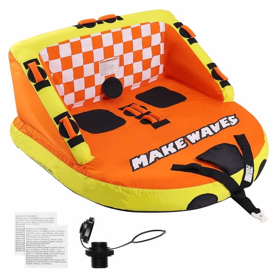 Towable Tube for Boating 1-2 Person, Inflatable Water Tube with Backrest, 340lbs Capacity, Nylon Cover, Grab Handles, Boat Towables for Adults & Kids