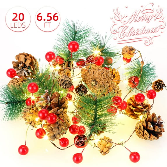 Towallmark 1 Pack 6.5 FT Pine Cone Christmas String Lights, 20 LED Battery Operated Christmas Garland with Red Berry Fairy String Lights for Indoor Outdoor Xmas Fireplace Mantel Decorations