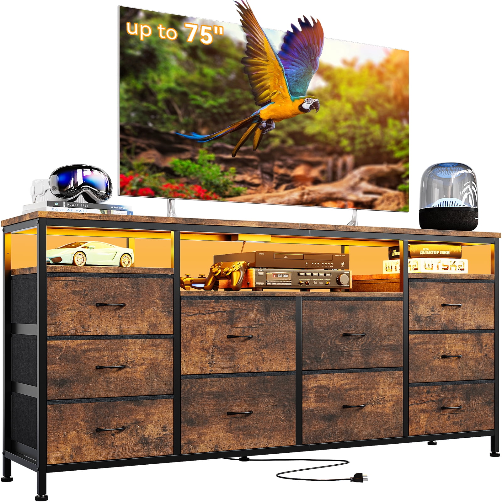 Towallmark 10 Drawer Dresser TV Stand for 65/70/75 Inch TV, 63" W Long Fabric Dresser Entertainment Center with LED Lights & Power Outlets for Bedroom with Led Lights & Power Outlets