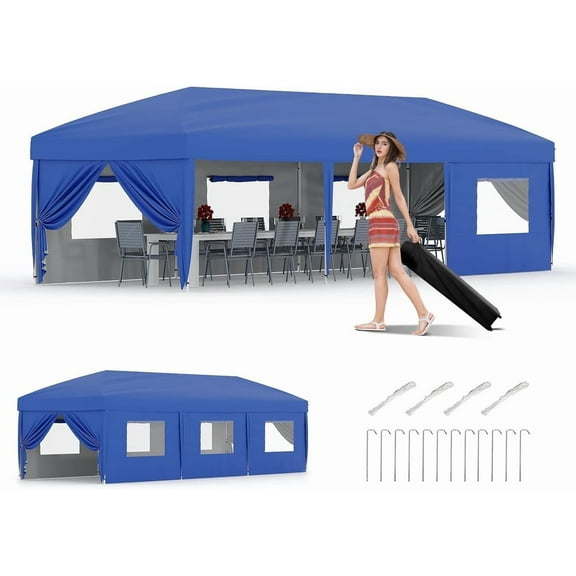 Towallmark 10X30 Pop Up Canopy, Heavy Duty Instant Canopy Tent With 8 Sidewalls, Portable Outdoor Shelter With Roller Bag, Includes 8 Stakes 6 Ropes 8 Weights, 3 Height Adjustments, Blue
