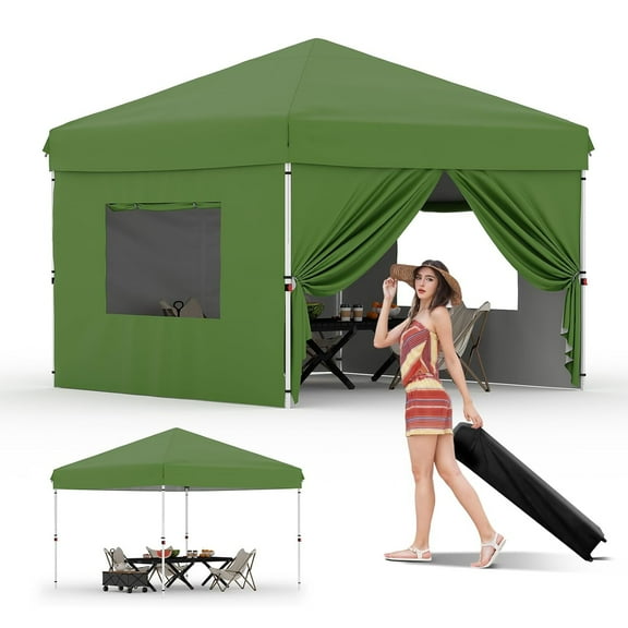 Towallmark 10x10FT Instant Pop Up Canopy Tent with 4 Side walls, Portable Commercial Waterproof Canopy Tent, Outdoor,Camping, Green