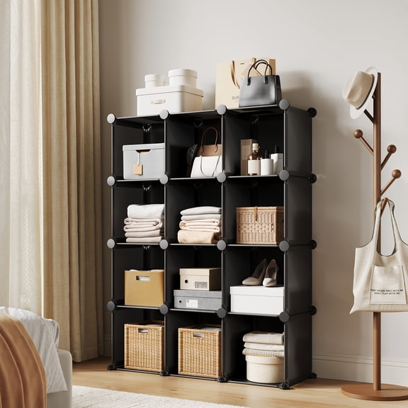 Towallmark 12-Cube Storage Organizer,PVC Modular Shelf Unit for Home Organization, Compact Storage Cabinet for Bedroom, Living Room, Entryway,Black