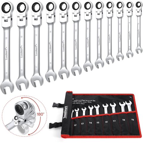 Towallmark 12-Piece Flex-Head Wrench Set, Ratcheting Combination Set, Metric 8-19mm, 72-Teeth,Cr-V Steel Ratchet Wrenches Set with Storage Bag for home/car/bike etc.