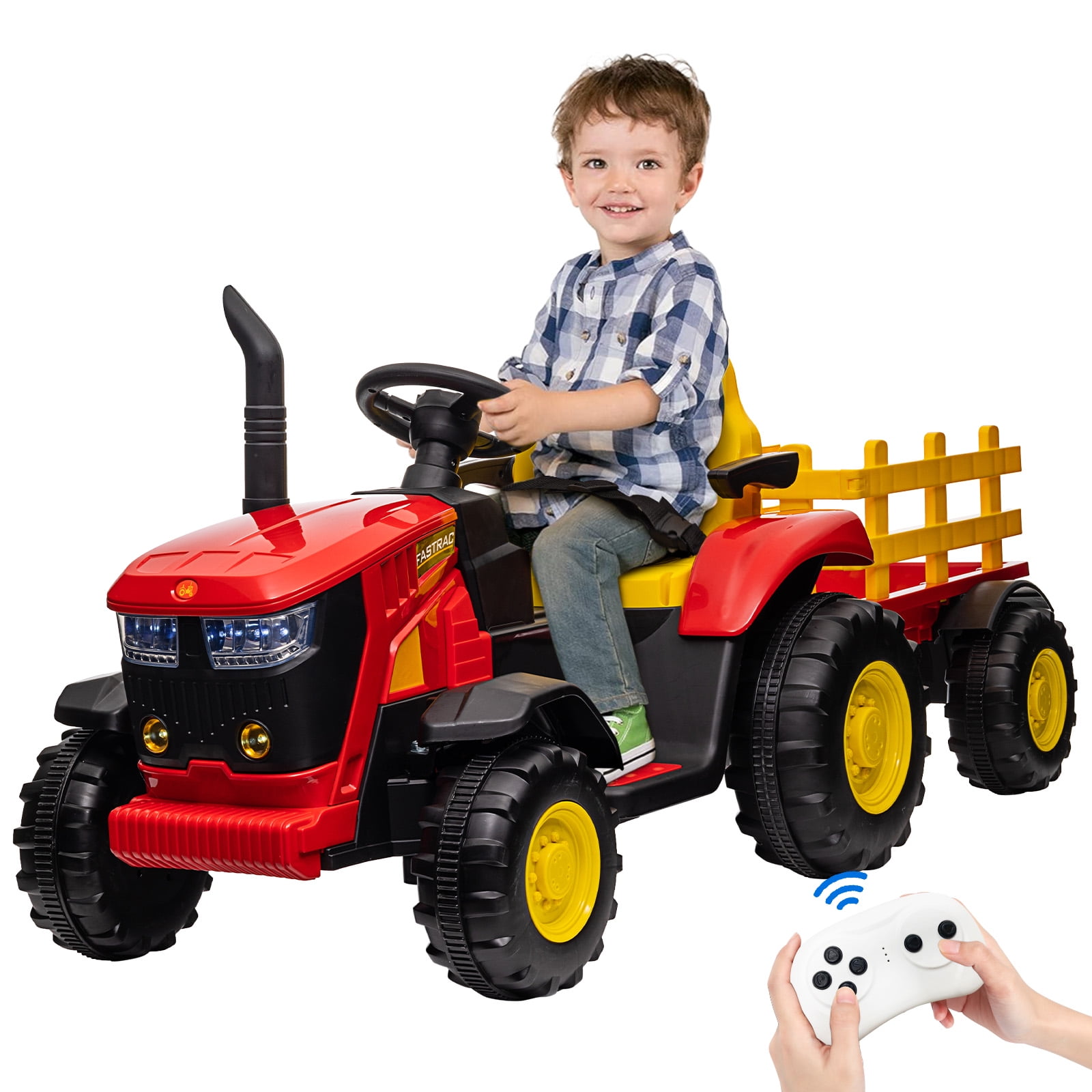 Towallmark 12V 4WD Kids Ride on Dump Truck with Remote Control, Electric Powered 6-Wheel UTV Toys, Ride on Tractor Car w/ Tipping Bucket Trailer, Suspension, Bluetooth Music, red