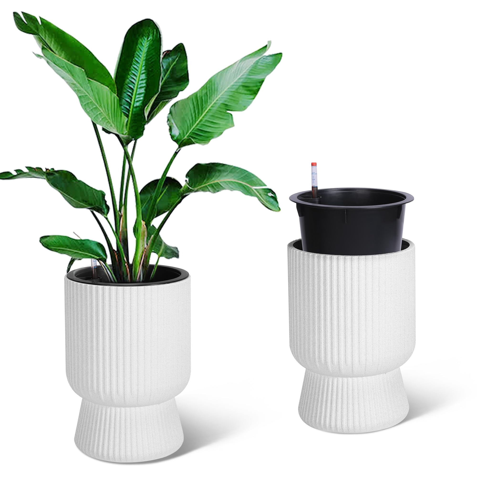 Towallmark 14.2" Planters Set of 2, Self Watering Plant Pots with Inner Bucket and Water Level Monitor, Flower Pots with Drainage Holes for Patio, Porch, Living Room, Home Office, Marble White