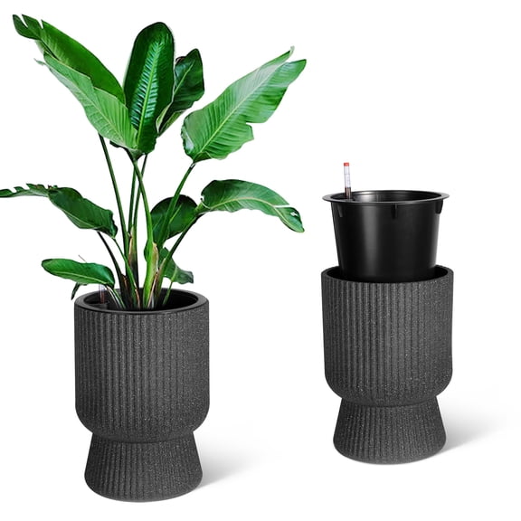 Towallmark 14.2" Planters Set of 2, Self Watering Plant Pots with Inner Bucket and Water Level Monitor, Flower Pots with Drainage Holes for Patio, Porch, Living Room, Home Office, Marble Black
