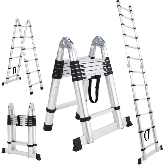 Towallmark 14.5 FT Telescopic Extension Ladder, Portable Aluminum A-Frame Folding Telescoping Ladder, Collapsible Ladder for Household, Outdoor Working