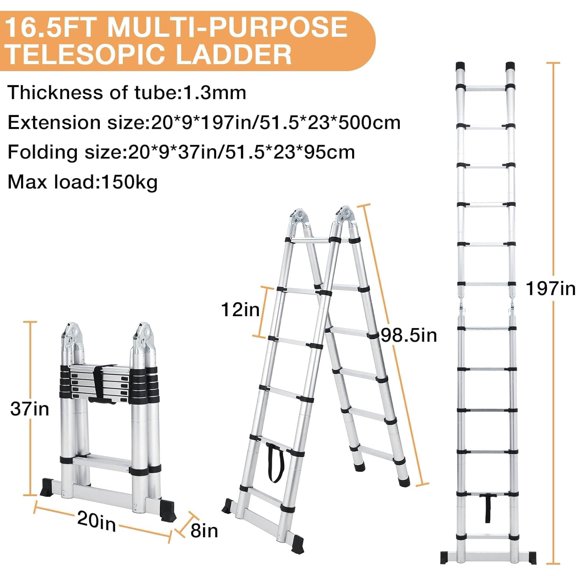 Towallmark 16.5 ft Aluminum Telescoping Ladder – Portable A-Frame Extension Ladder with Non-Slip Feet and Stabilizers, Collapsible for Home and Outdoor Use