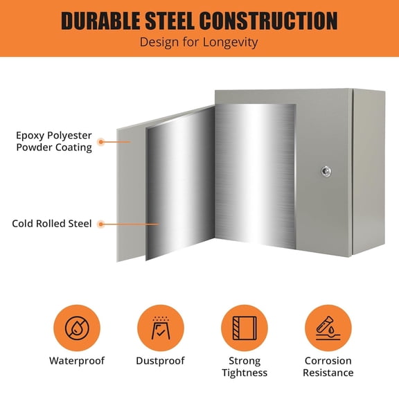 Towallmark 16"x16"x8" NEMA 4X Weatherproof Box – IPX6 Waterproof Steel Enclosure for Projects
