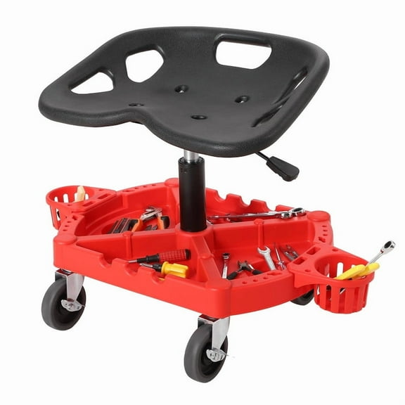 Towallmark 19"-25" Rolling Shop Stool,Heavy Duty 300LB Capacity Mechanic Seat With Tool Tray, 3 Inch Locking Swivel Wheels, Adjustable Height, Soft Cushion, Red