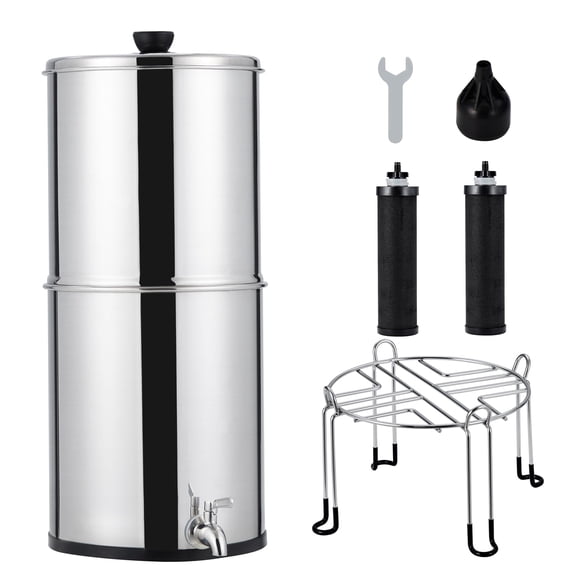 Towallmark 2.25G Gravity-Fed Water Filter System, 304 Stainless Steel Countertop Filtration System, with 2 Black Carbon Filters & Metal Spigot & Stand for Home, Camping, RVing, Off-Grid