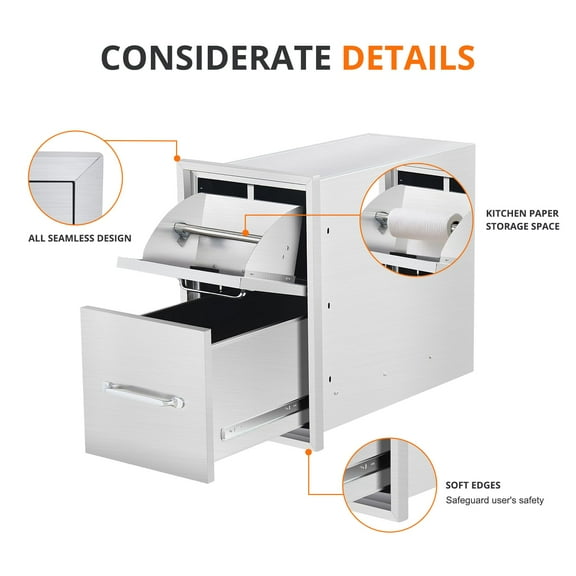 Towallmark 2-Layer Outdoor Kitchen Drawers – Stainless Steel BBQ Storage with Paper Towel Holder