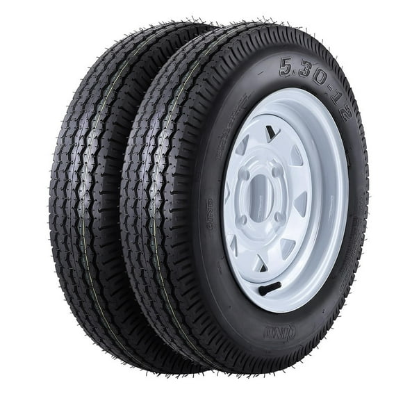 Towallmark 2 Pack 5.30x12 Tires With Rims, 12 Inch 4 Lug 4 Inch Bolt Pattern, 6PR Load Range C, For Lawn Mower Tractor Boat Utility Trailer Turf Applications
