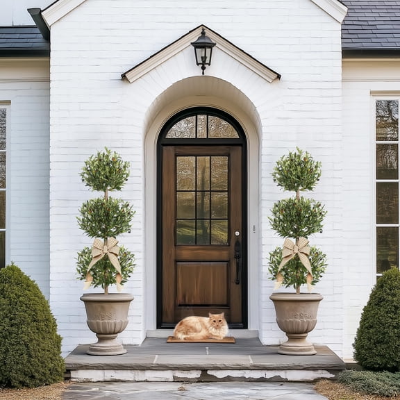 Towallmark 2 Pack 5FT Artificial Olive Triple Ball Topiary Trees with Moss & Inner Pot, Outdoor Indoor Realistic Fake Shrubs Trees, Round Bushes Fake Shrubs Potted for Home Offices Porch Decor