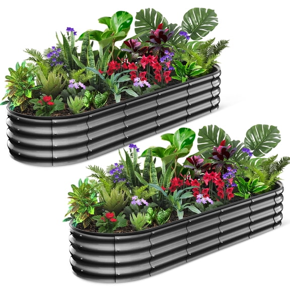 Towallmark 2-Pack Oval Galvanized Steel Raised Garden Beds, Tool-Free Assembly with Open Base & Safety Edge, Large Outdoor Planter Boxes for Vegetables, Flowers, Herbs, dark grey, 6x3x1.5FT