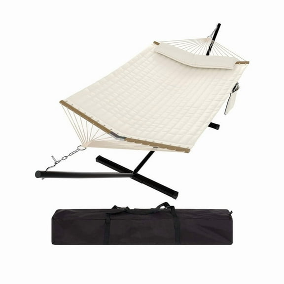 Towallmark 2 Person Double Hammock Set,500LBS Capacity Portable Hammock With Steel Frame, Includes V Spreader Bar & Carry Bag, Freestanding For Indoor Outdoor Use, White