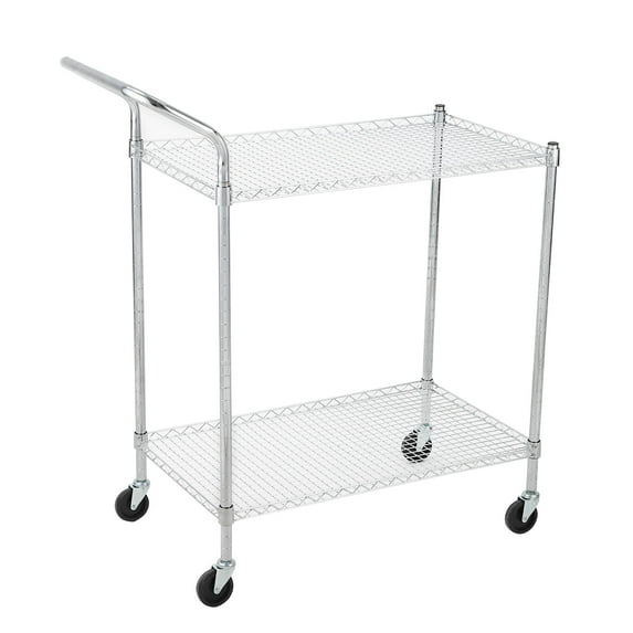 Towallmark 2 Tier Heavy Duty Commercial Grade Utility Cart, Wire Rolling Cart with Handle Bar, Alloy Steel Service Cart with Wheels, Utility Shelf Plant Display Shelf Food Storage Trolley with Handle