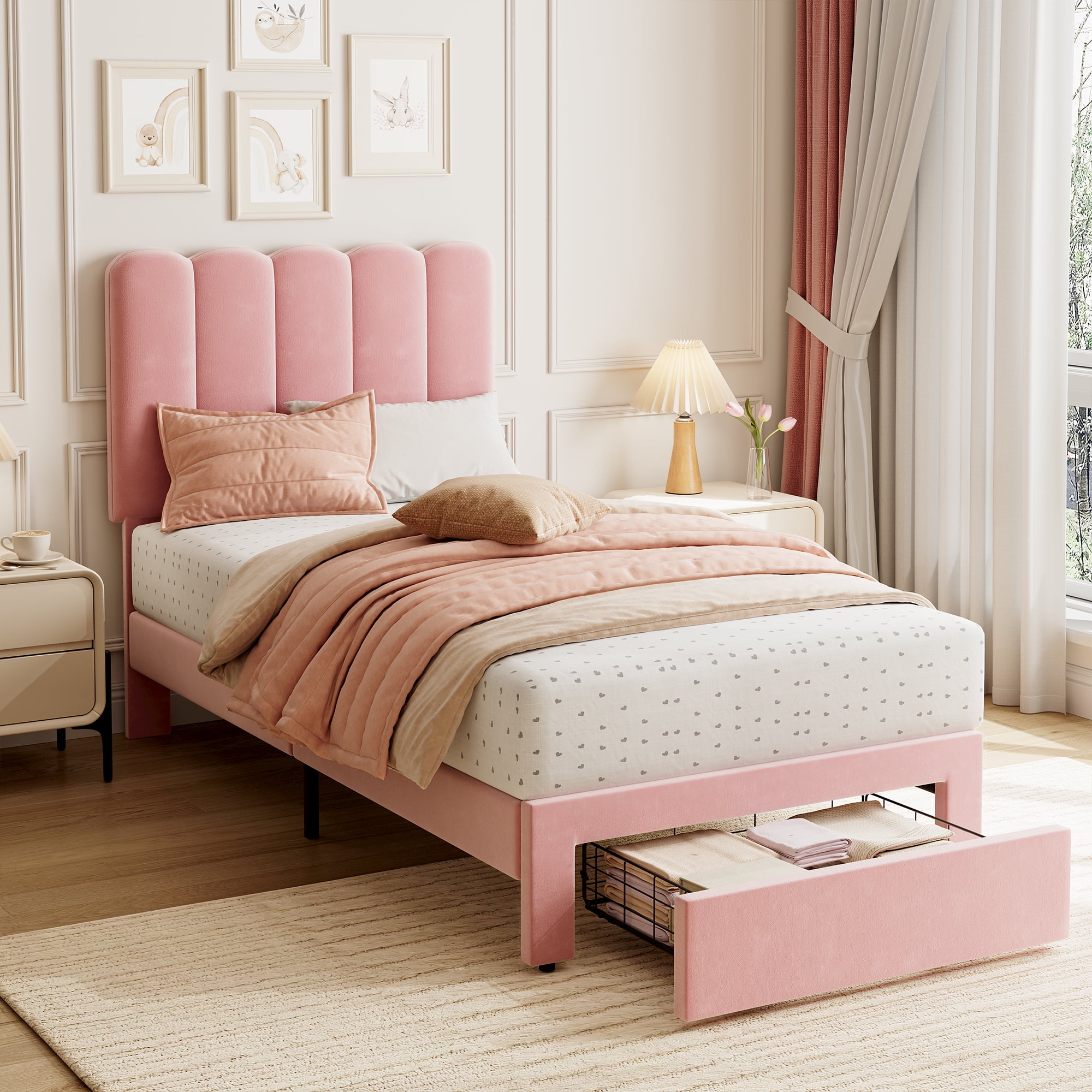 Towallmark 2025 New Twin Bed Frame with Under-Bed Drawer, Low Profile Upholstered Platform Bed with Wave Headboard, Wooden Slats Support, Flannel Pink