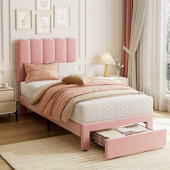Towallmark 2025 New Twin Bed Frame with Under-Bed Drawer, Low Profile Upholstered Platform Bed with Wave Headboard, Wooden Slats Support, Flannel Pink