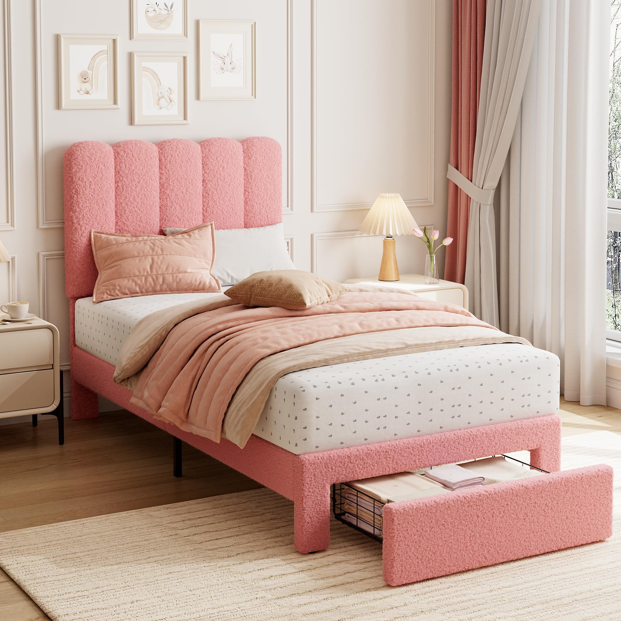 Towallmark 2025 New Twin Bed Frame with Under-Bed Drawer, Low Profile Upholstered Platform Bed with Wave Headboard, Wooden Slats Support, Pink