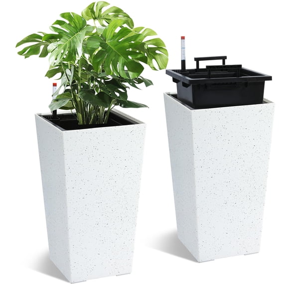 Towallmark 21.7 Inch Tall Planters for Outdoor Plants Set of 2, Self-Absorbing Plastic Flower Pots with Shelf Insert, Self-Absorbing Plastic Flower Pots, White